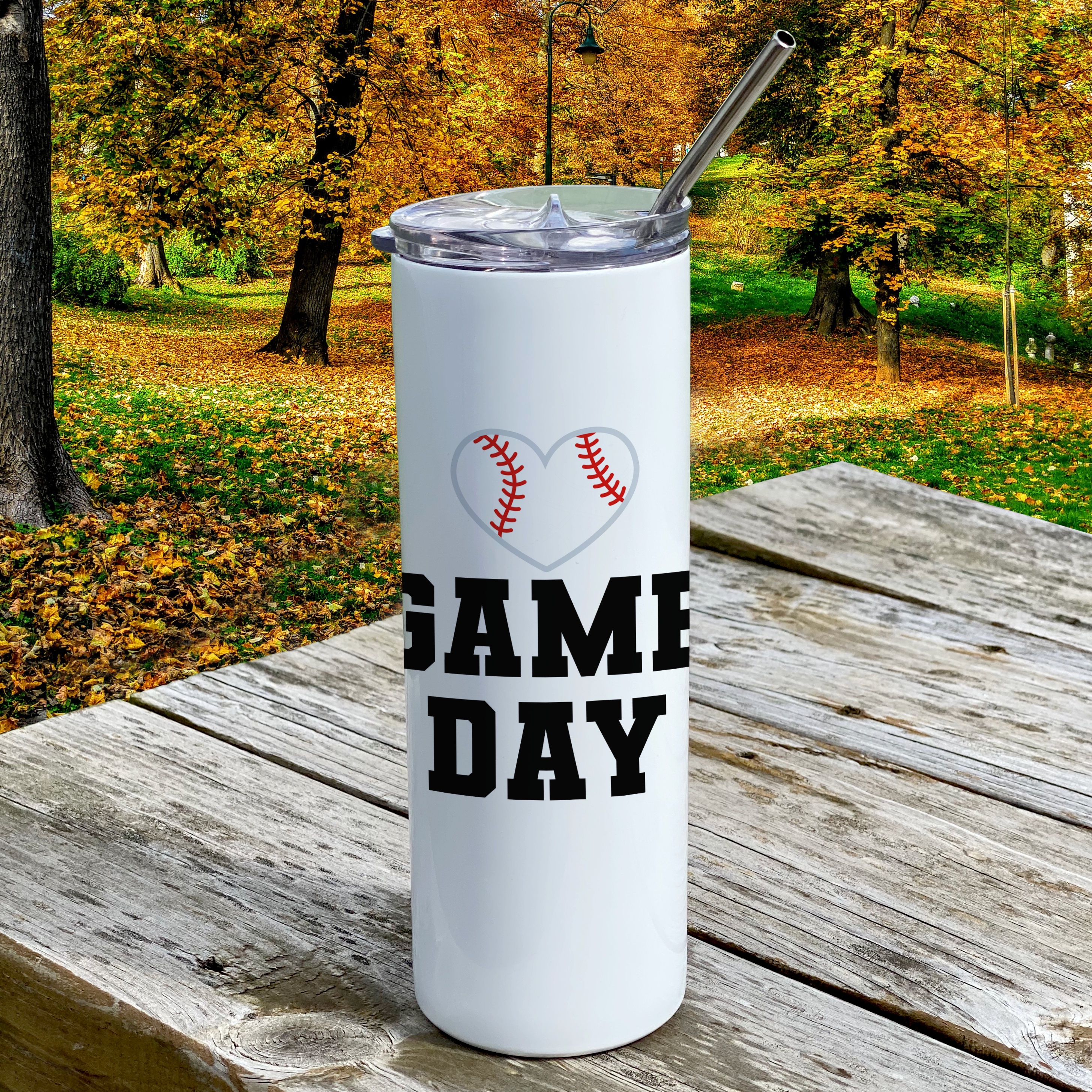 Sports Collection (Game Day – Baseball - Personalized) 20 Oz Stainless Steel Travel Tumbler with Straw (White)