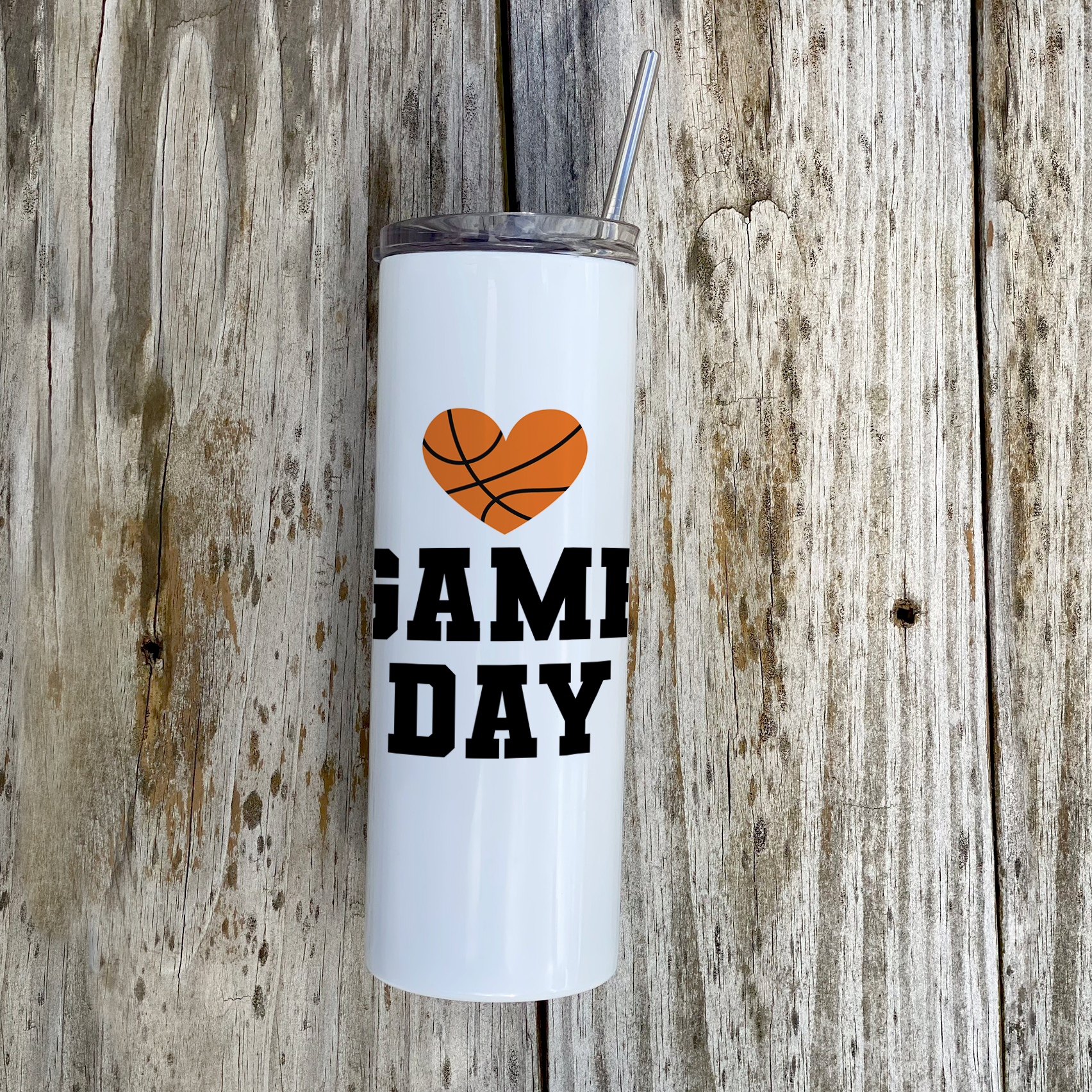 Sports Collection (Game Day – Basketball - Personalized) 20 Oz Stainless Steel Travel Tumbler with Straw (White)
