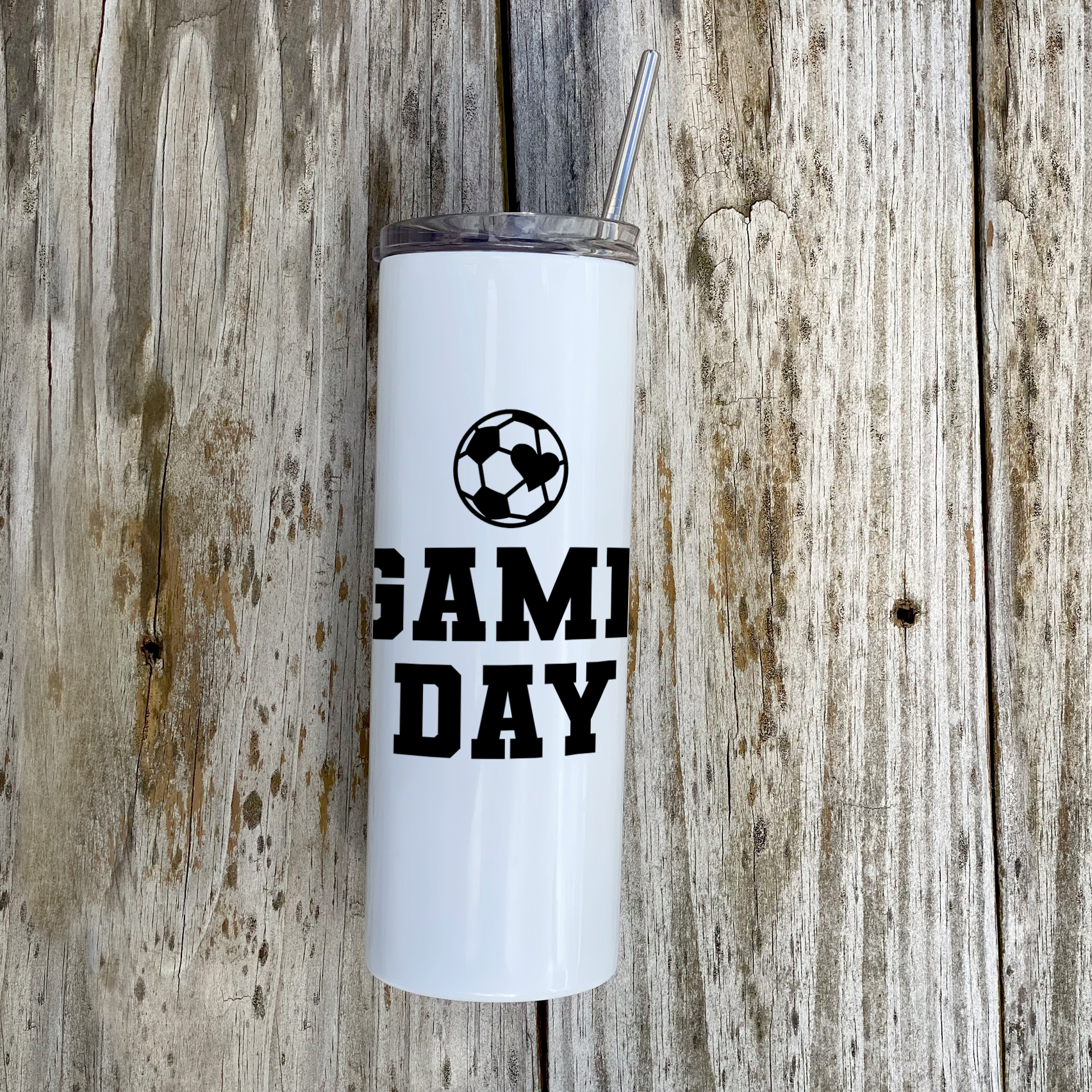Sports Collection (Soccer Game Day - Personalized) 20 Oz Stainless Steel Travel Tumbler with Straw (White)