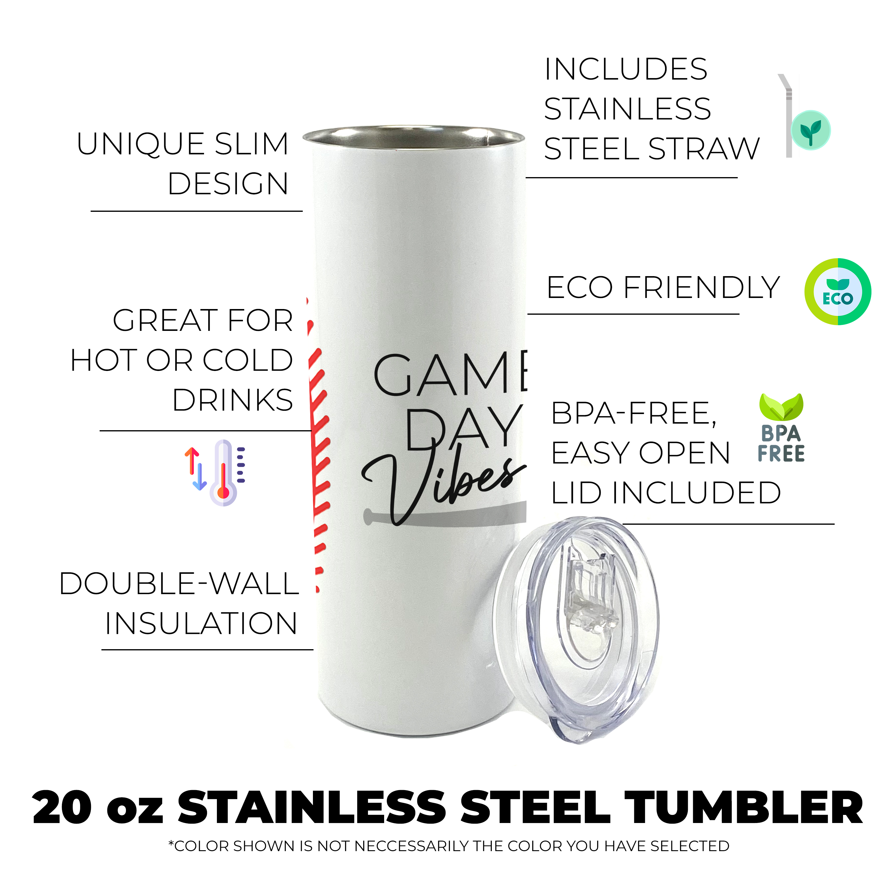 Sports Collection (Game Day Vibes - Baseball) 20 Oz Stainless Steel Travel Tumbler with Straw