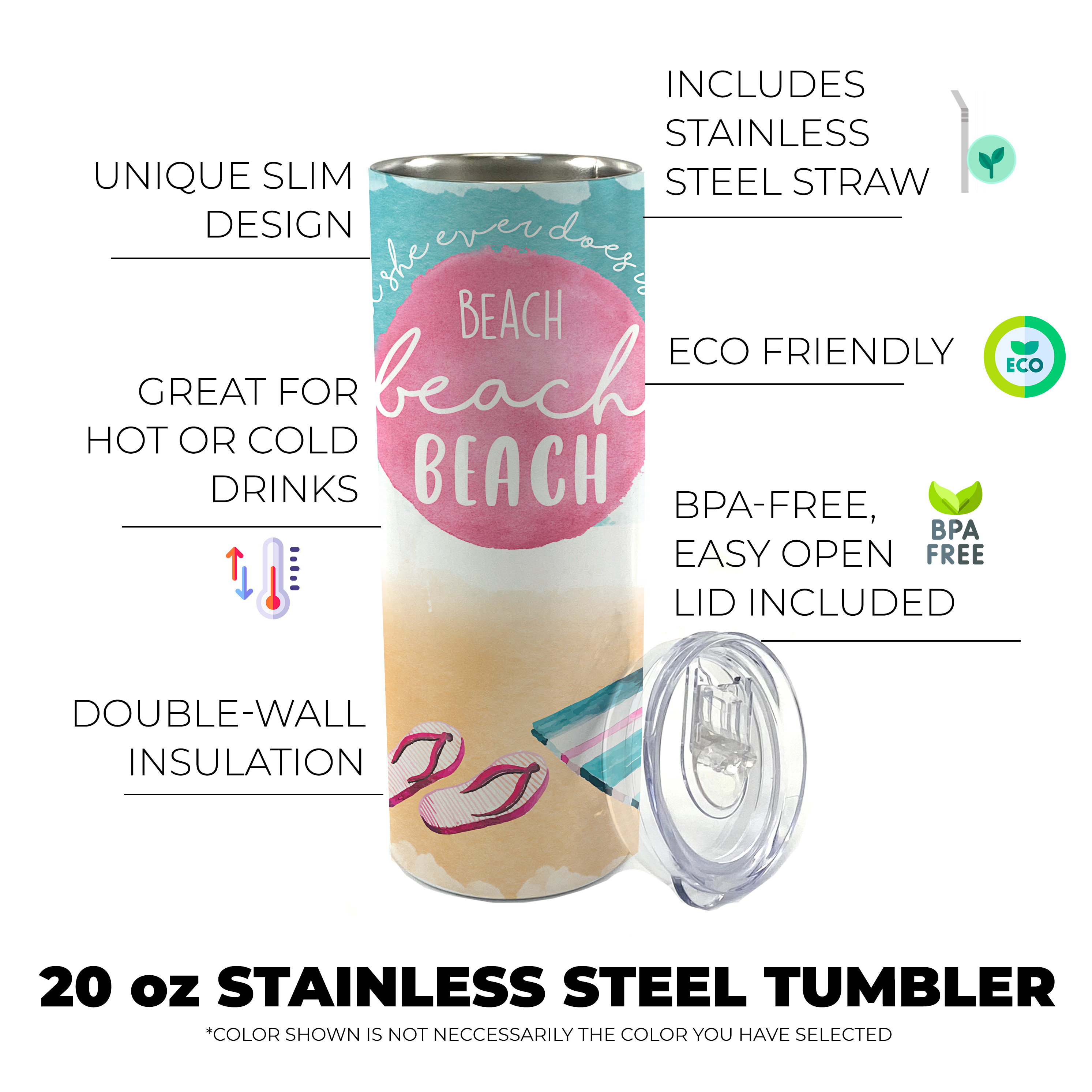 Vacation Collection (All She Ever Does Is Beach Beach Beach) 20 Oz Stainless Steel Travel Tumbler with Straw