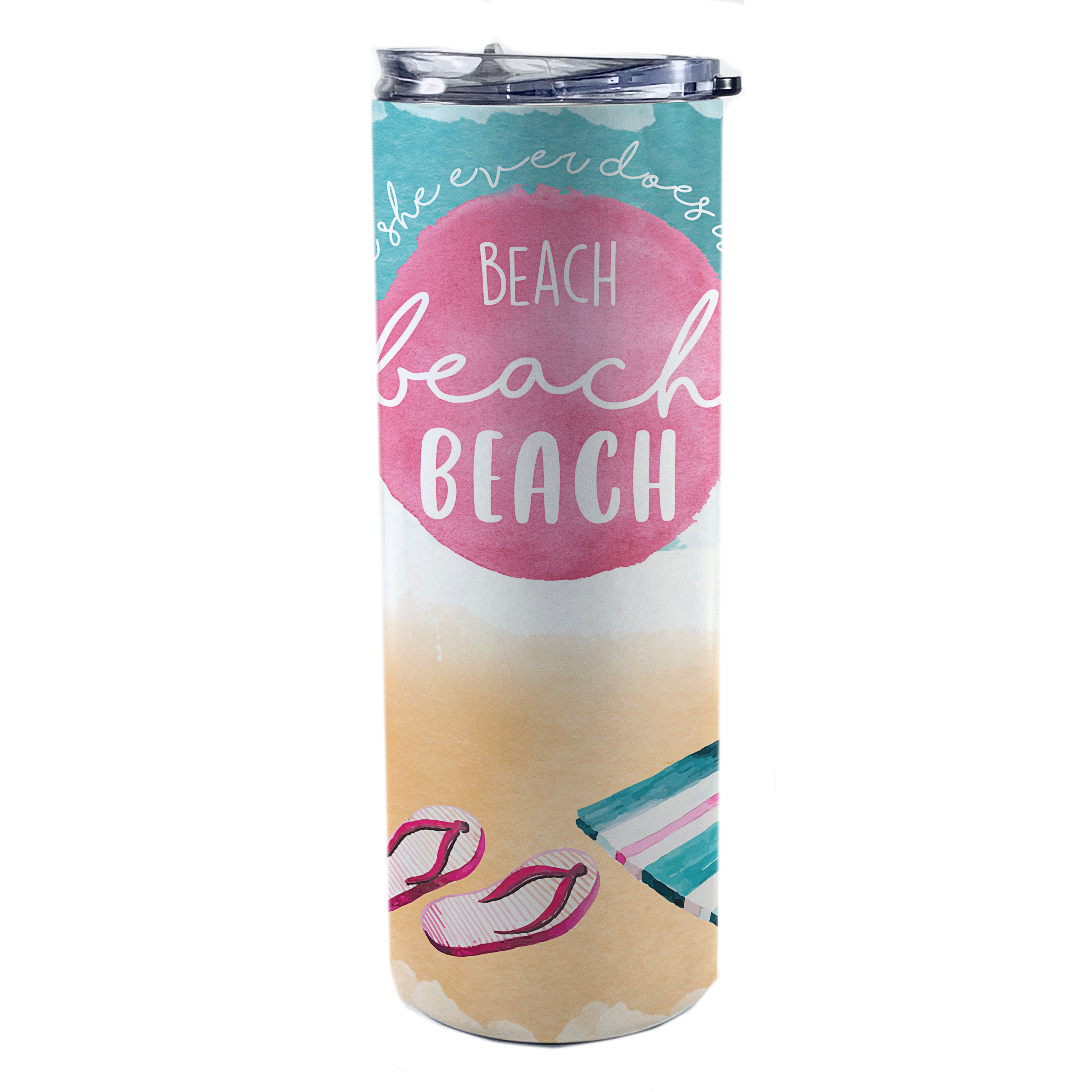 Vacation Collection (All She Ever Does Is Beach Beach Beach) 20 Oz Stainless Steel Travel Tumbler with Straw