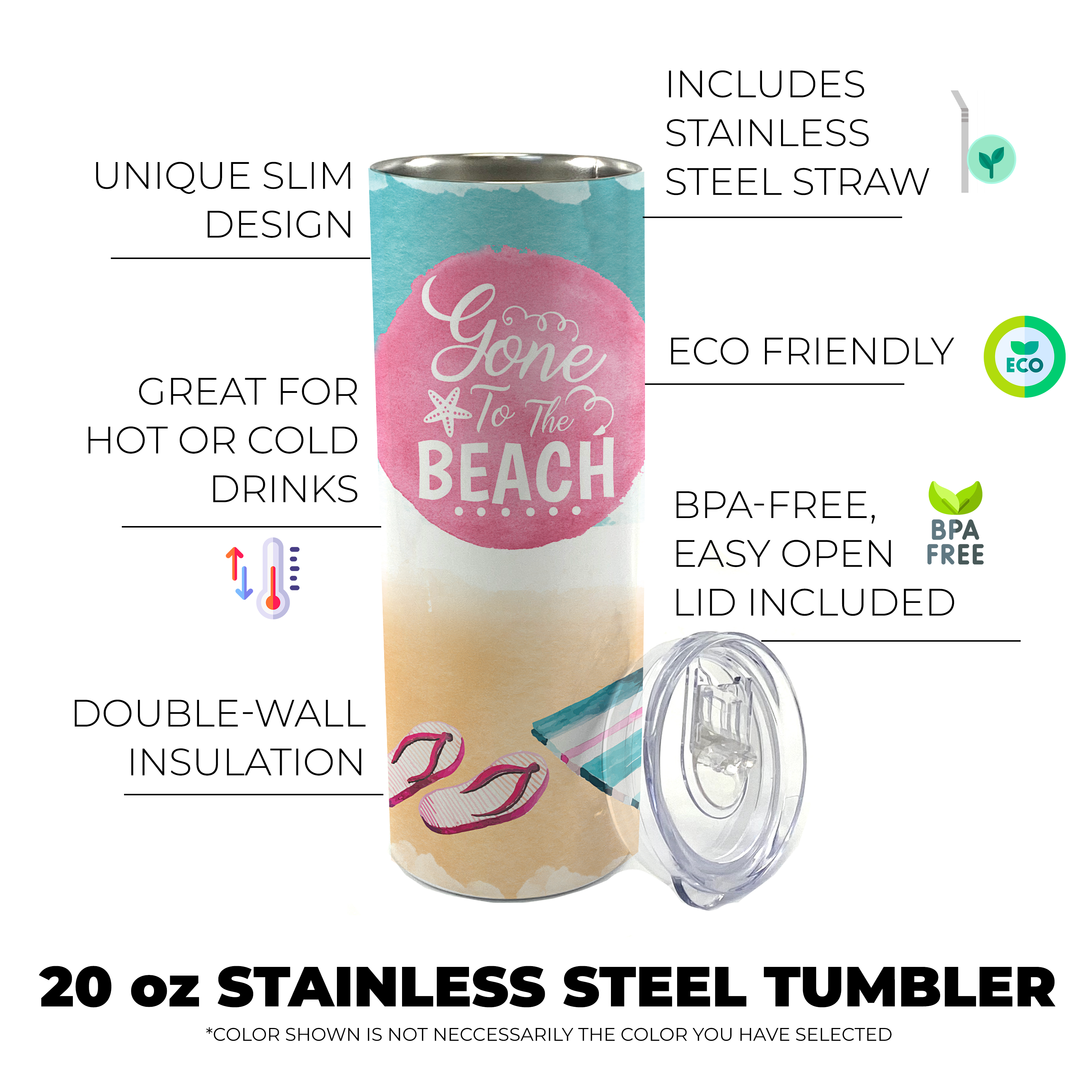 Vacation Collection (Gone To The Beach) 20 Oz Stainless Steel Travel Tumbler with Straw