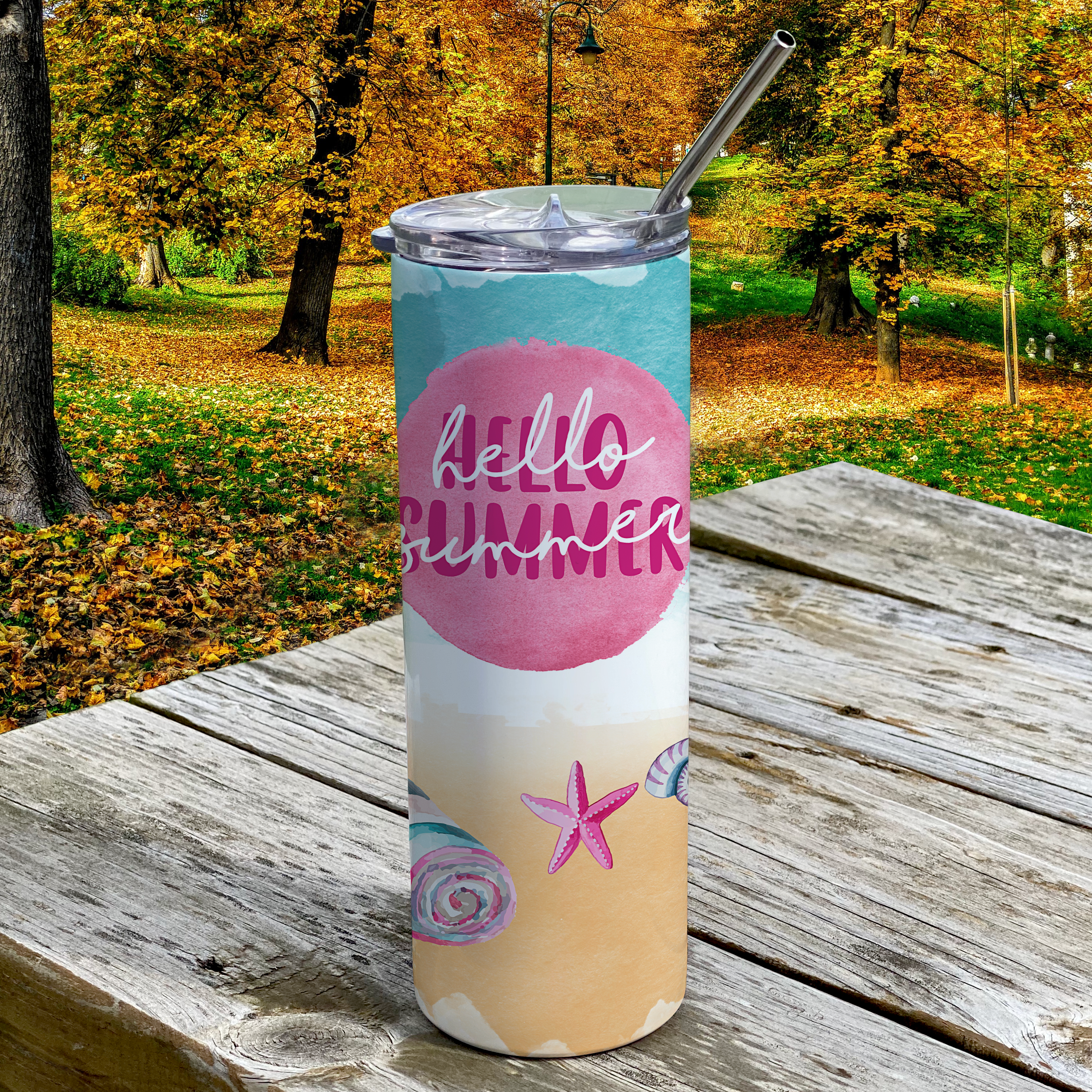 Vacation Collection (Hello Summer) 20 Oz Stainless Steel Travel Tumbler with Straw