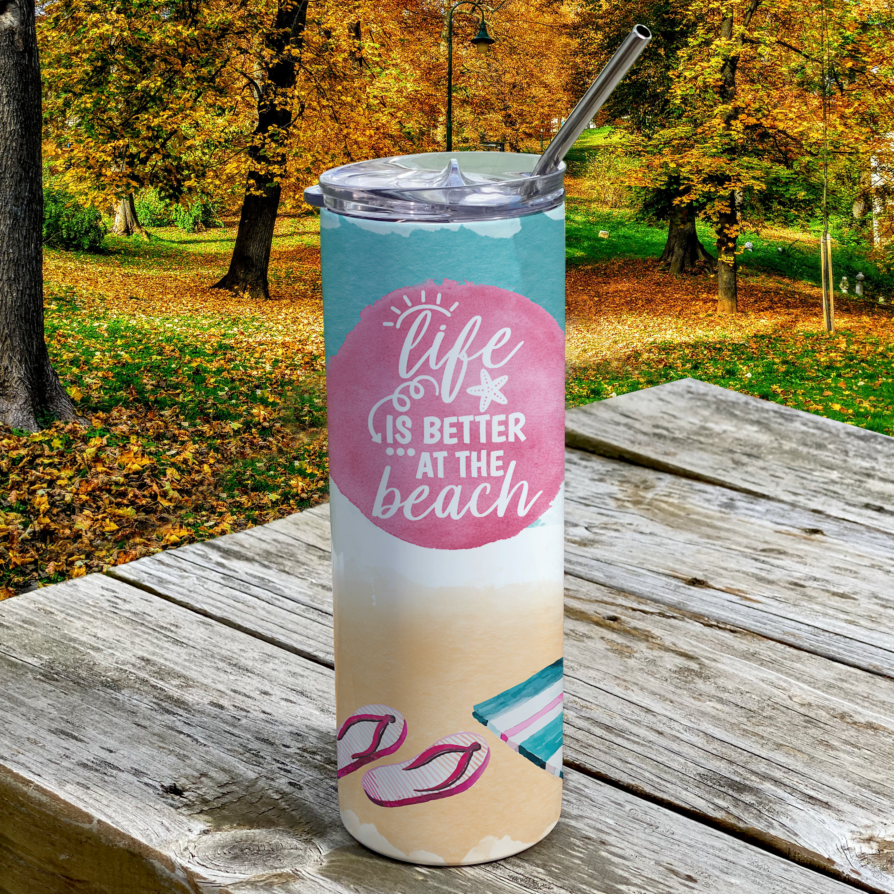 Vacation Collection (Life Is Better At The Beach) 20 Oz Stainless Steel Travel Tumbler with Straw