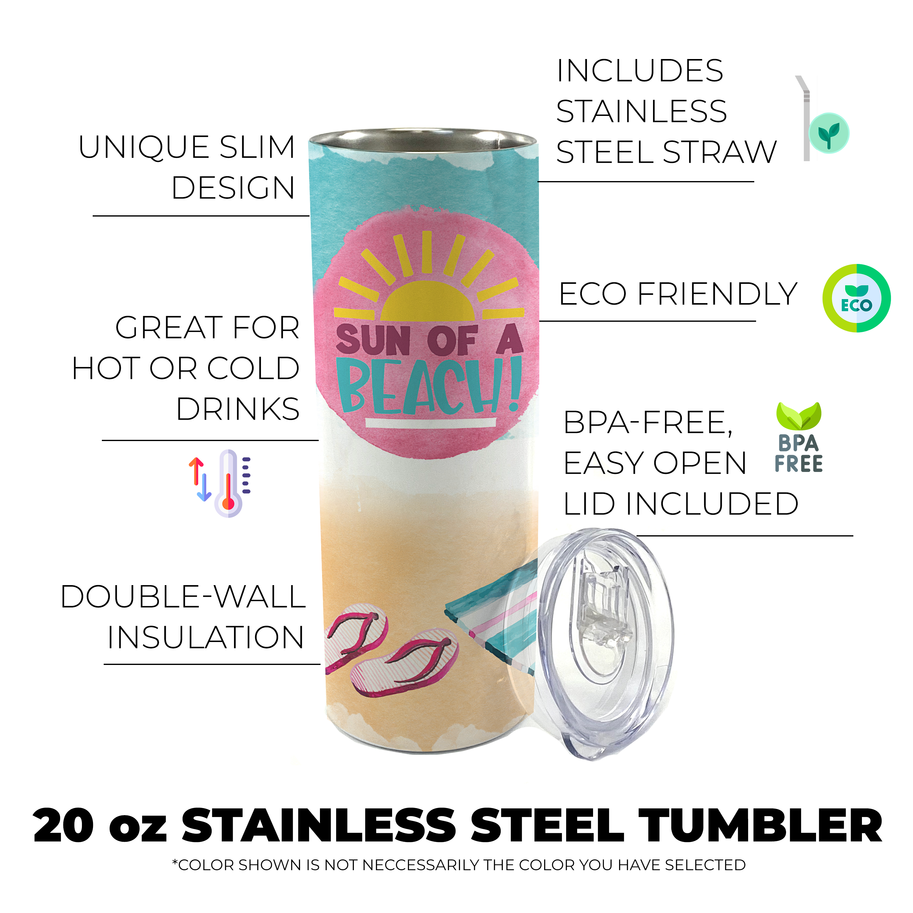 Vacation Collection (Sun of a Beach) 20 Oz Stainless Steel Travel Tumbler with Straw
