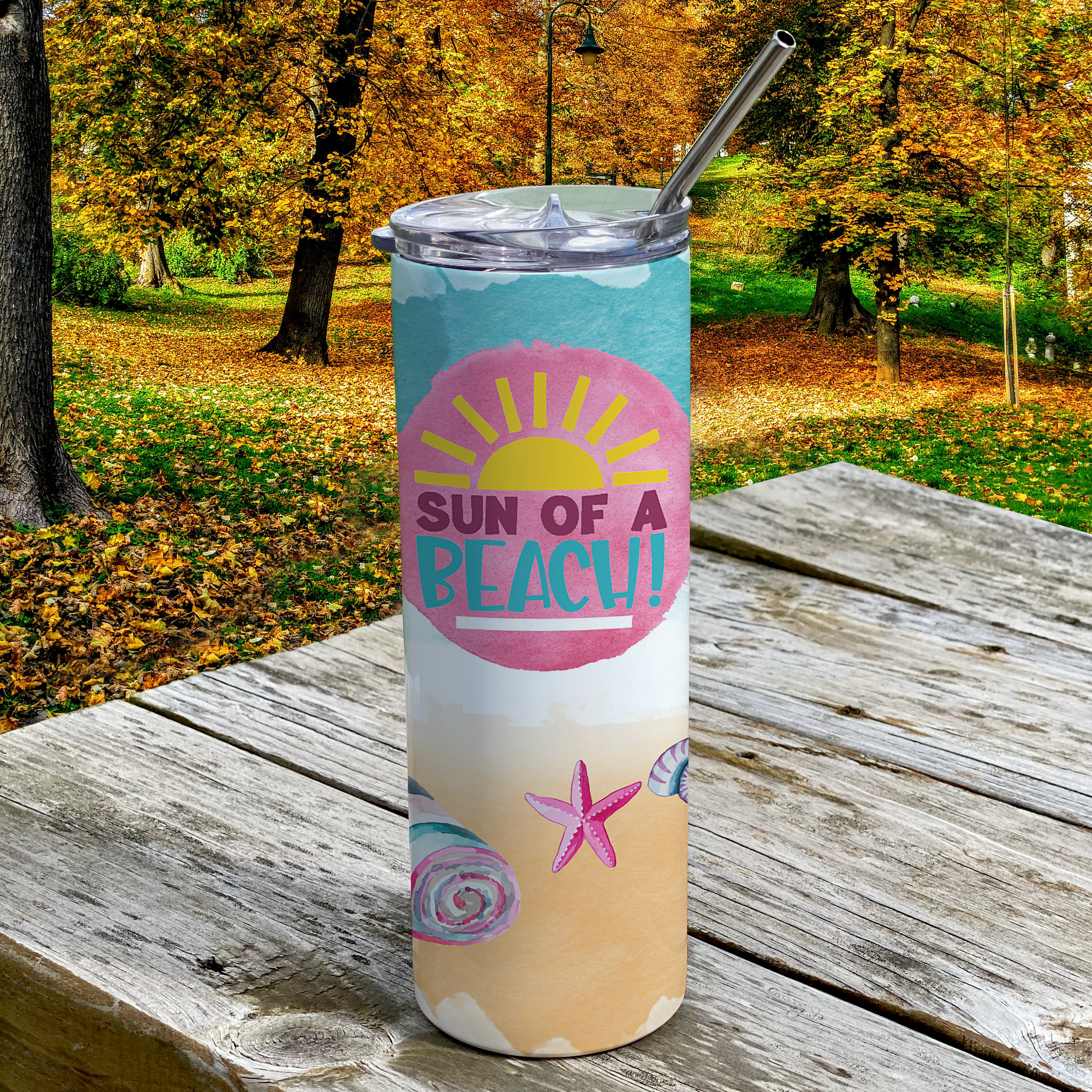 Vacation Collection (Sun of a Beach) 20 Oz Stainless Steel Travel Tumbler with Straw