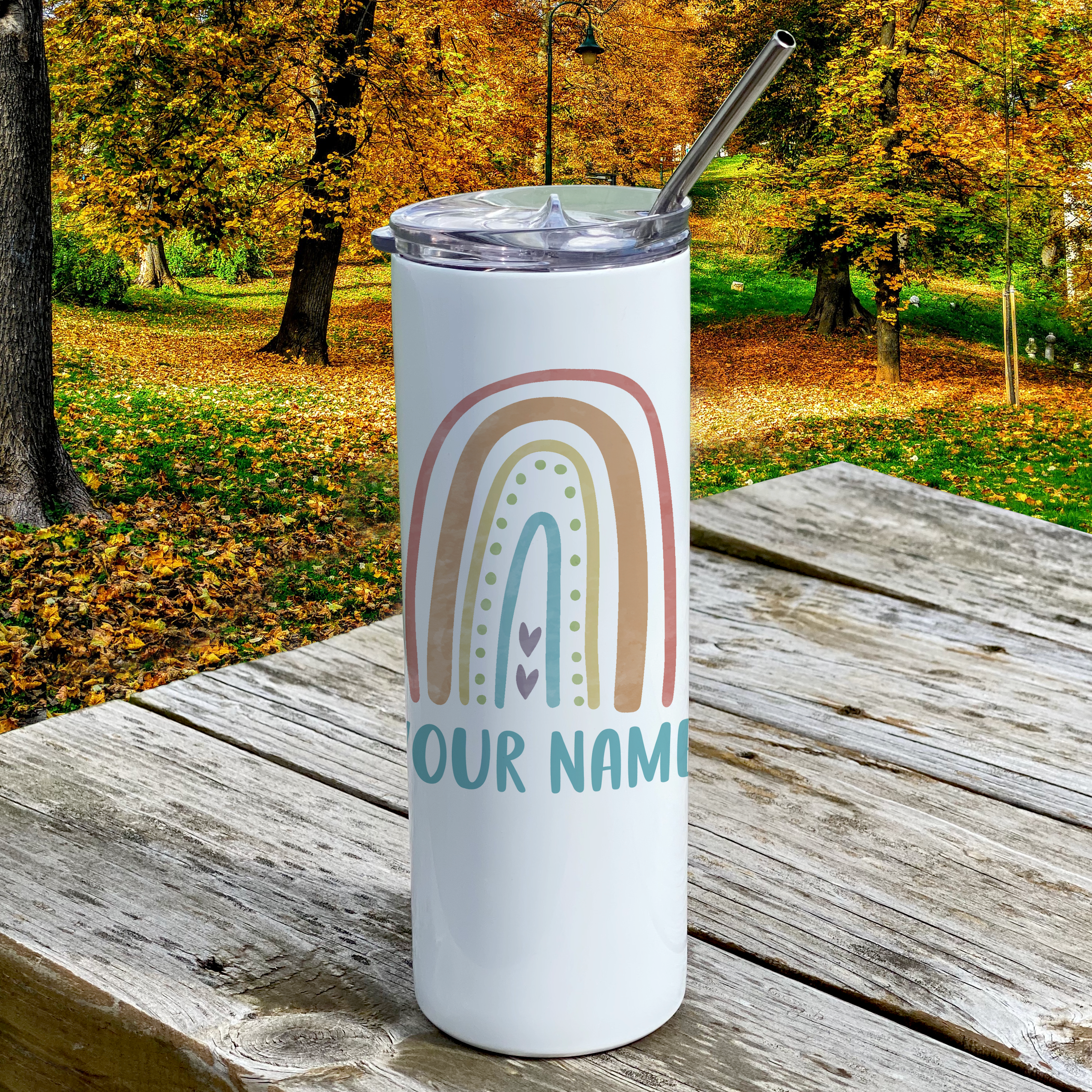 Trend Setters Original (Boho Rainbow - Personalized) 20 Oz Stainless Steel Travel Tumbler with Straw (White)