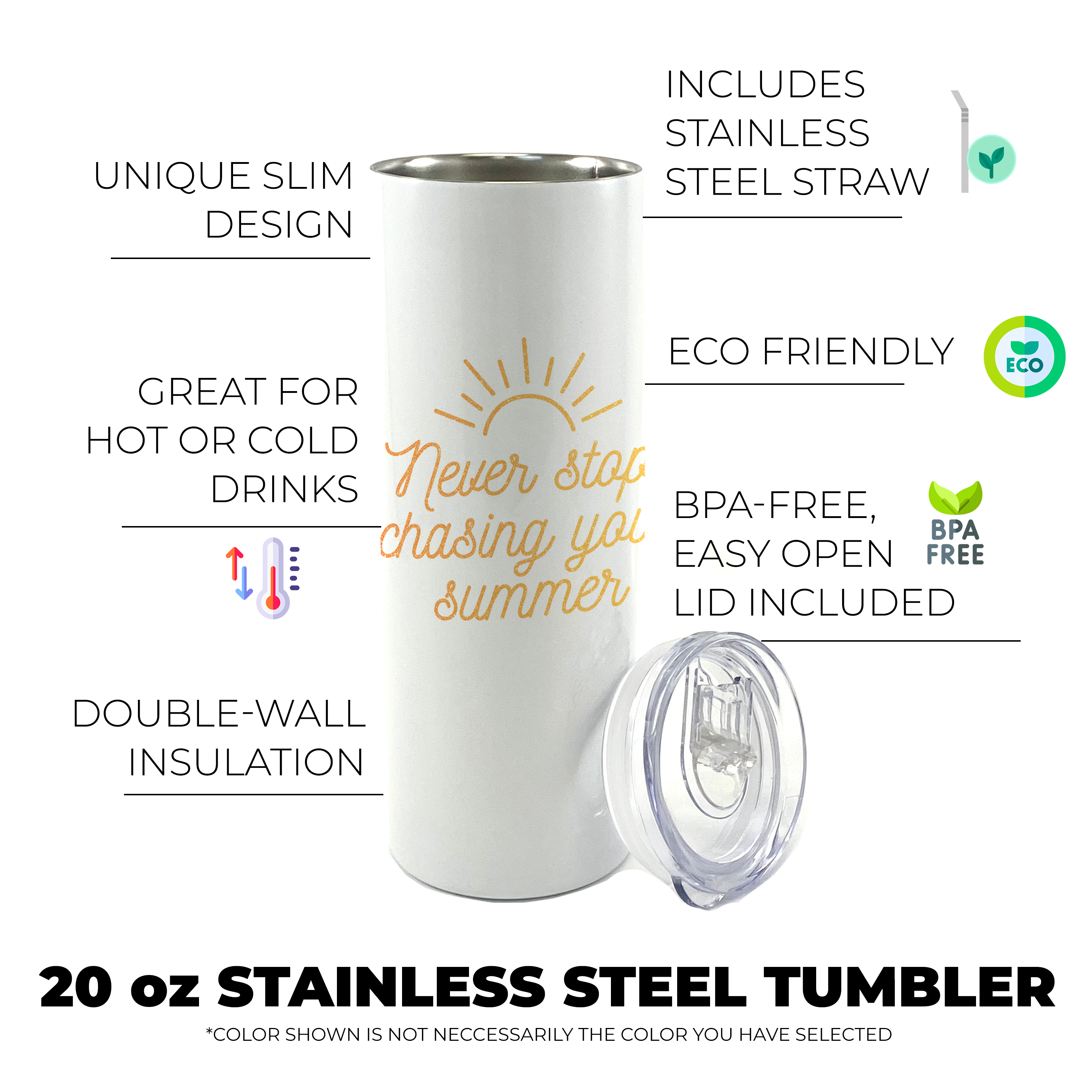 Vacation Collection (Never Stop Chasing Your Summer) 20 Oz Stainless Steel Travel Tumbler with Straw