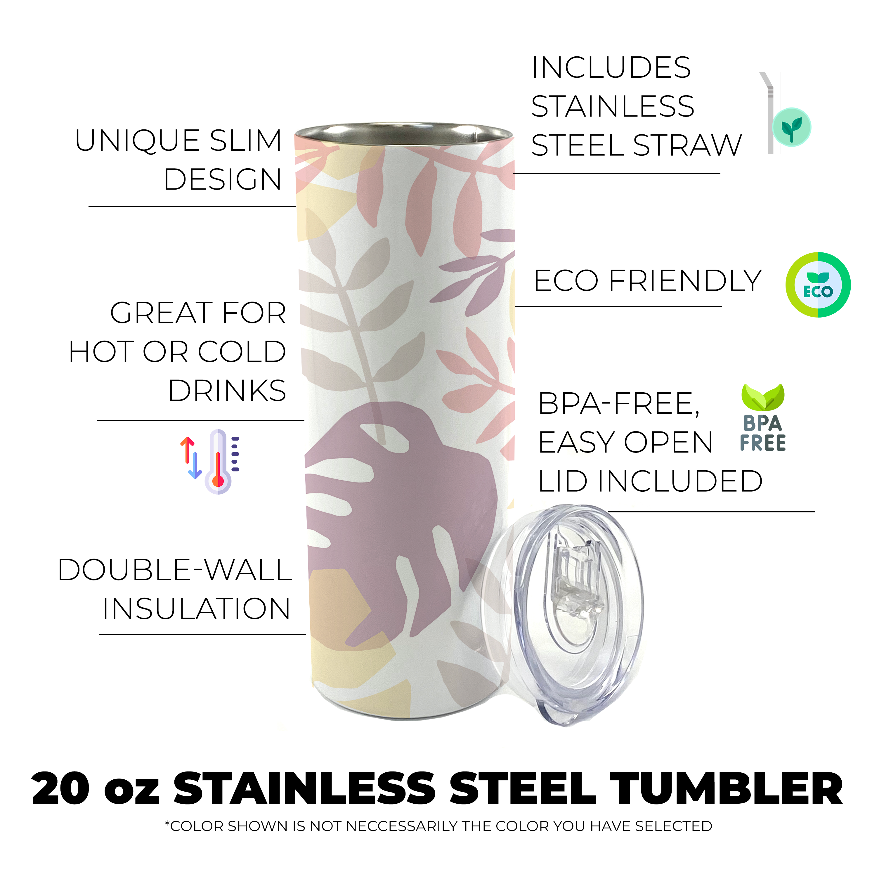 Trend Setters Originals (Pastel Palms) 20 Oz Stainless Steel Travel Tumbler with Straw