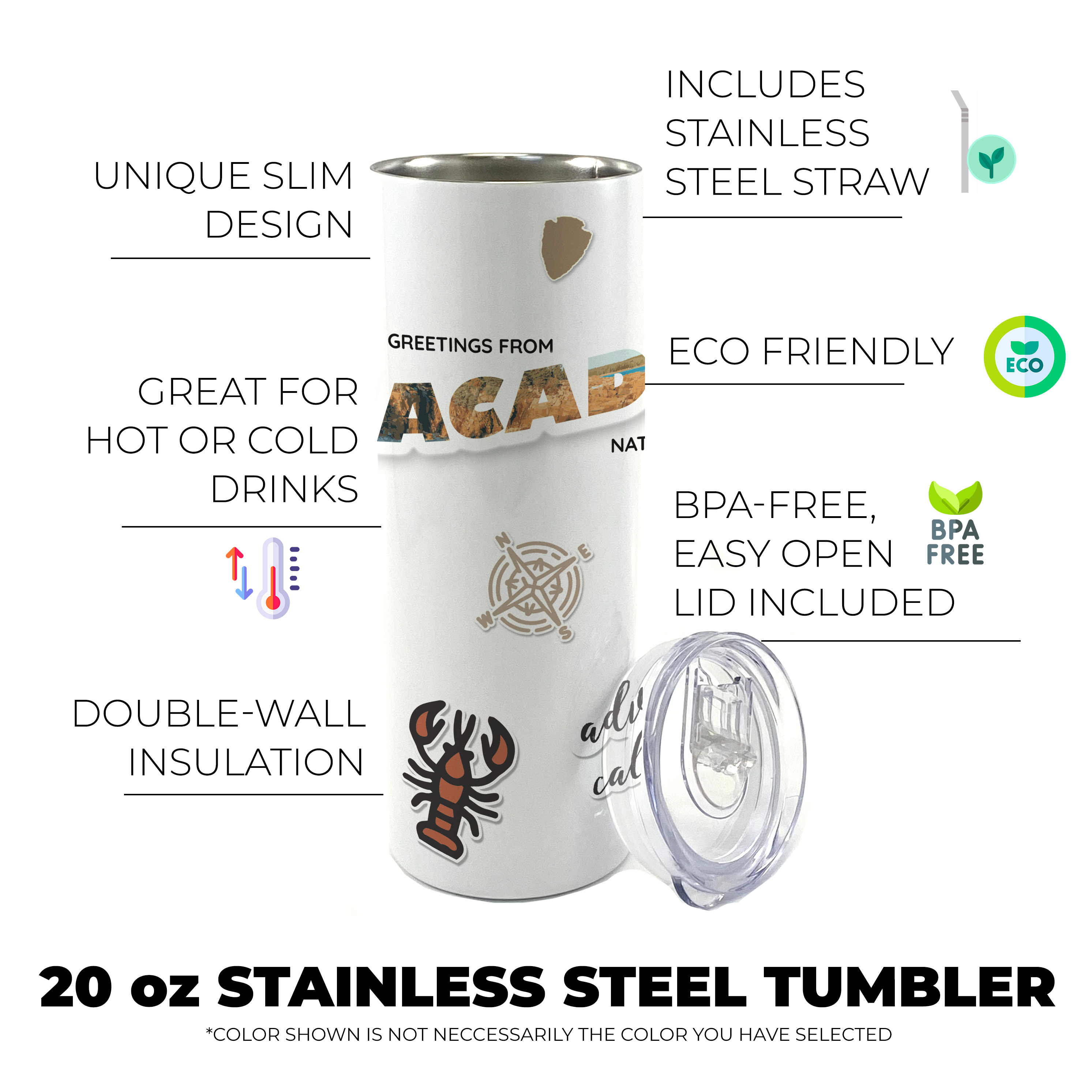 Vacation Collection (National Park - Acadia) 20 Oz Stainless Steel Travel Tumbler with Straw