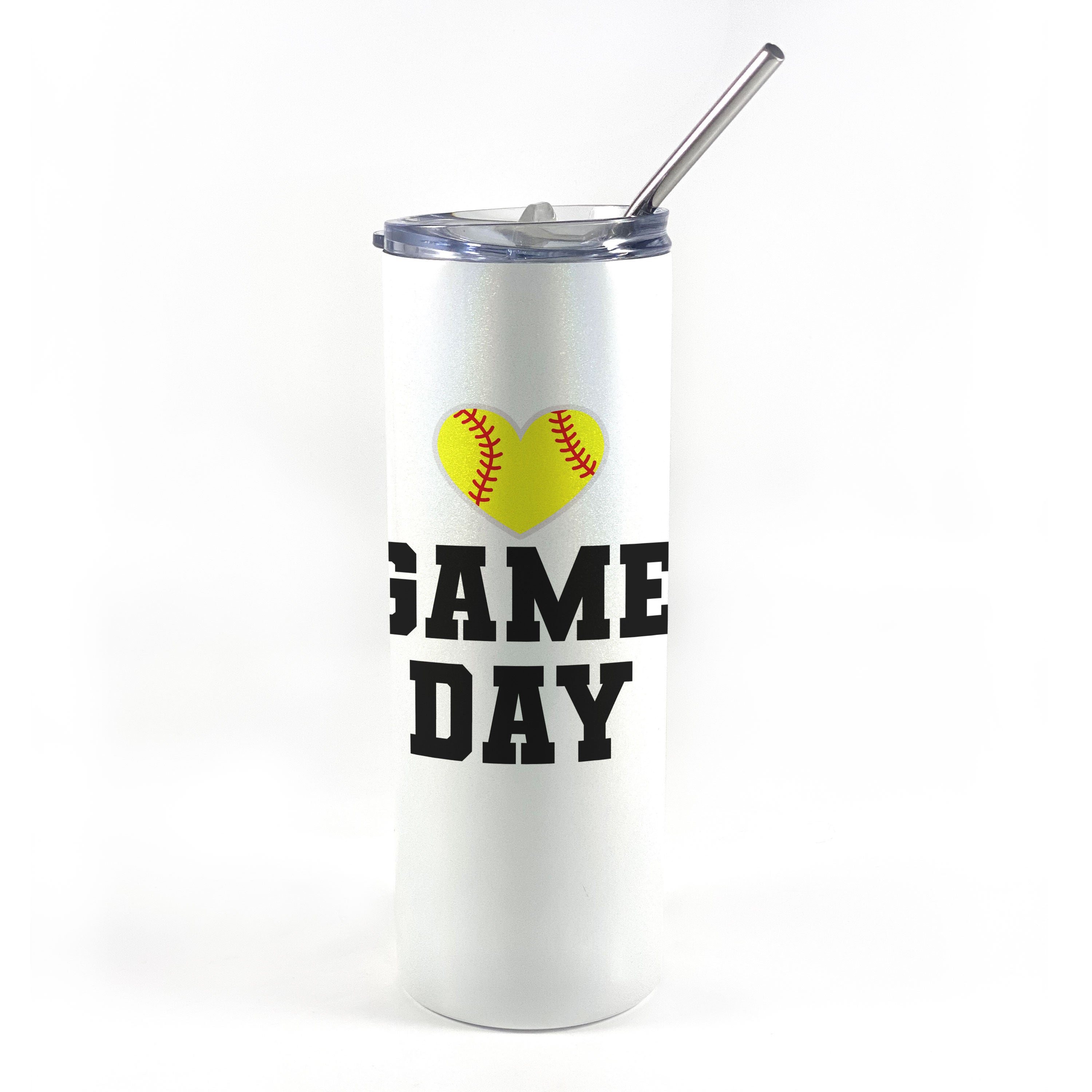 Sports Collection (Softball Game Day - Personalized) 20 Oz Stainless Steel Travel Tumbler with Straw  (White Iridescent)